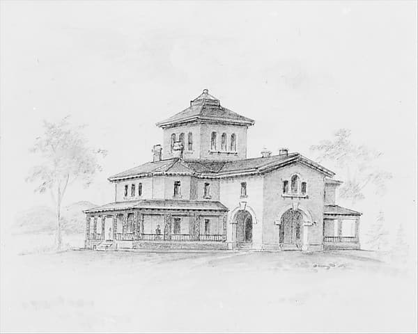 Samuel F. B. Morse House, Poughkeepsie, New York (perspective and plan) — Alexander Jackson Davis