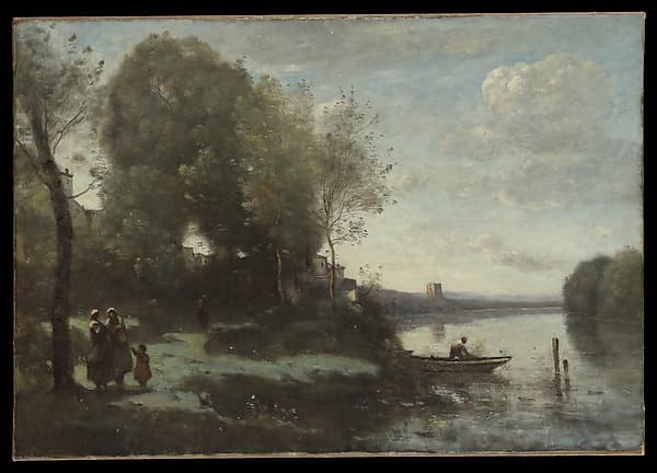 River with a Distant Tower — Camille Corot