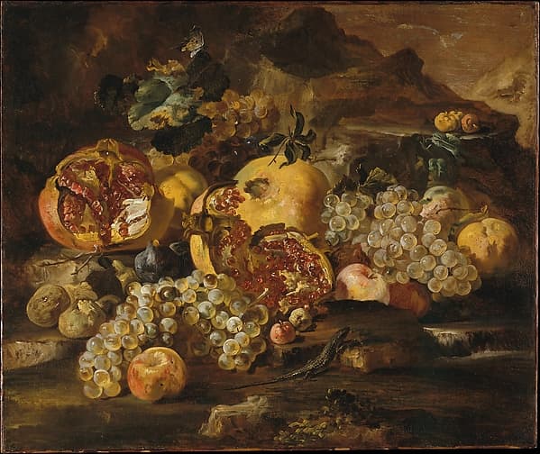 Pomegranates and Other Fruit in a Landscape — Abraham Brueghel
