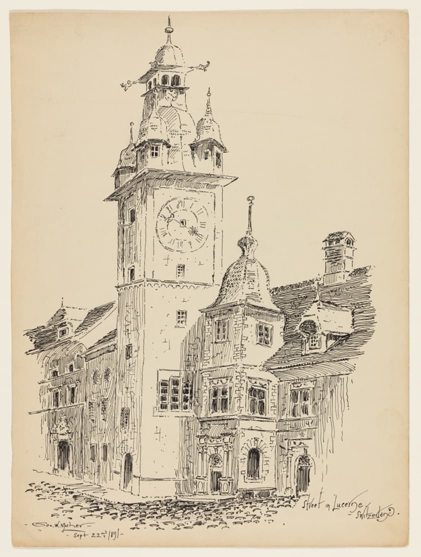 Clocktower on a Street, Lucerne, Switzerland, Travel Sketch — George Washington Maher