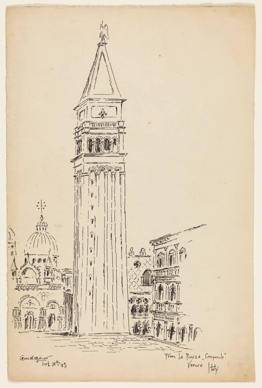 Campanile, Piazza de San Marco, Venice, Italy, Travel Sketch — George Washington Maher