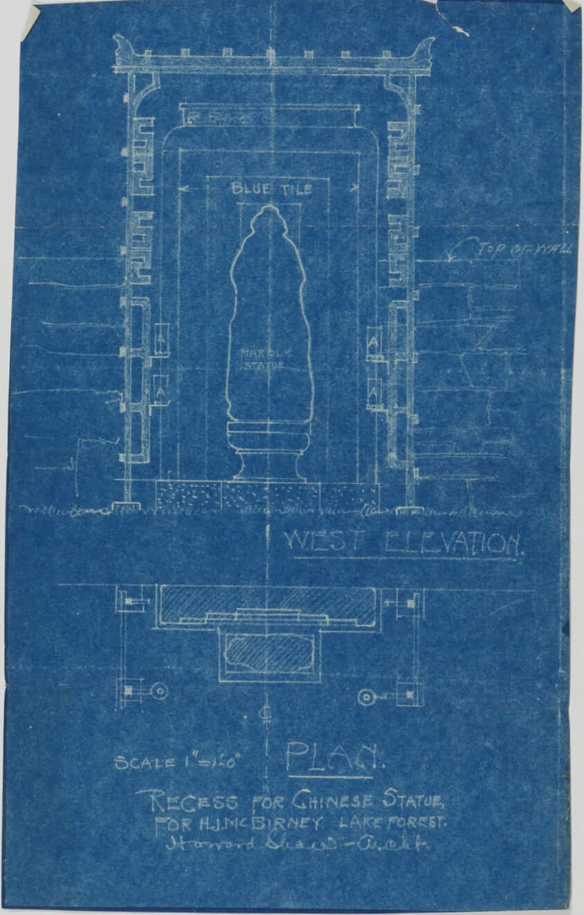 Recess for Chinese Statue for H.J. McBirney, Lake Forest, Illinois, Plan and Elevation — Howard Van Doren Shaw