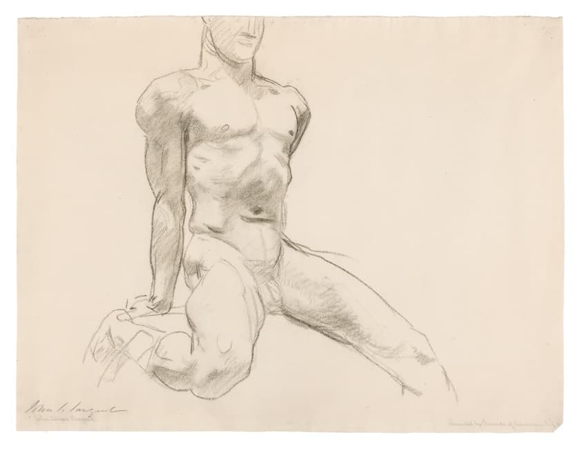 Seated Male Nude with Extended Leg (recto); Sketch of Kneeling Male Nude and Divided Circle (verso) — John Singer Sargent