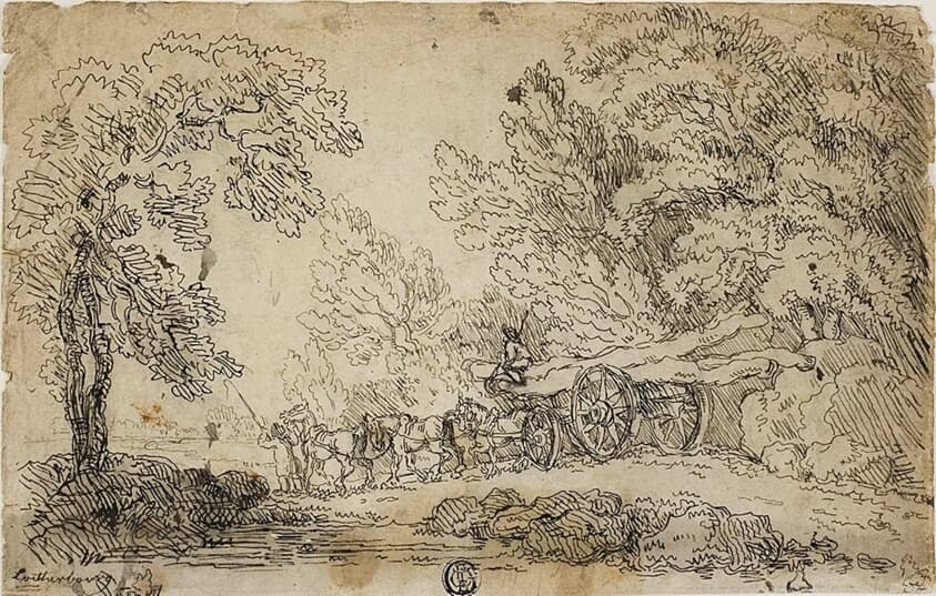 Hauling Logs in a Forest (recto); Sketches of People in Various Activities (verso) — Philippe Jacques de Loutherbourg