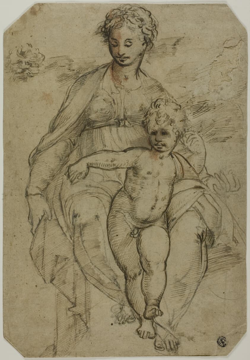 Virgin and Child (recto); Sketch of Three Saints and Caricature Sketch (verso) — After Parmigianino · Italian, 1503-1540