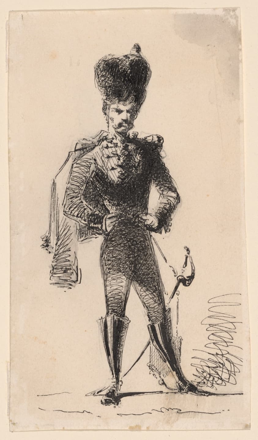 Hussar (recto) Man with a Top Hat and Bandaged Head (verso) — James McNeill Whistler