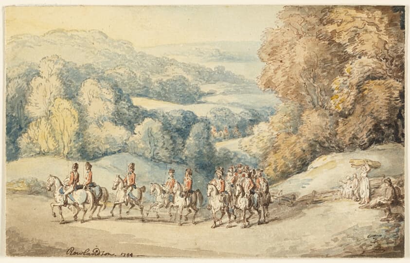 Cavalry on the March (recto); Fragment of Sketch of Horse (verso) — Thomas Rowlandson