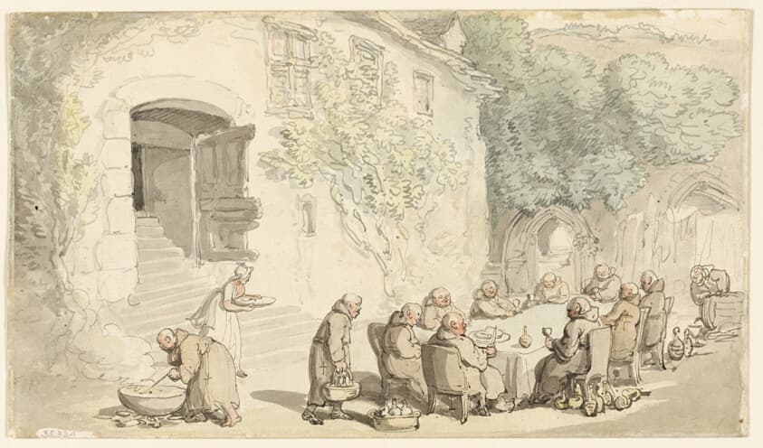 Monks Dining Outside (recto); Village Street (verso) — Thomas Rowlandson