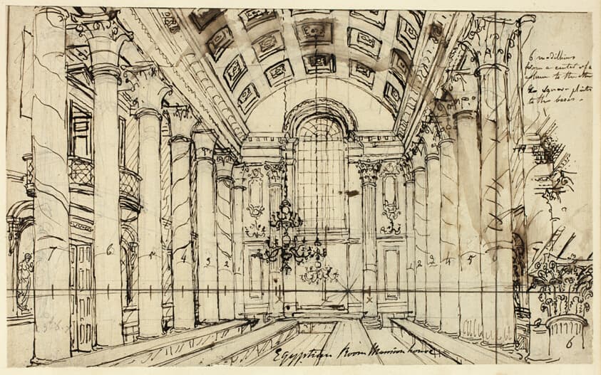 Study for Egyptian Hall Mansion House, from Microcosm of London — Augustus Charles Pugin