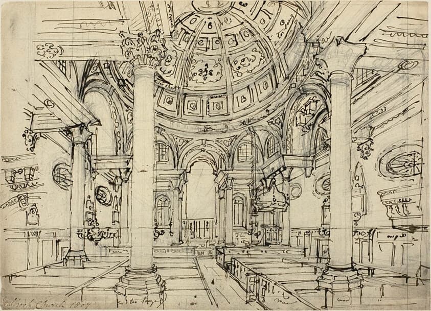 Study for Walbrook Church (recto); Sketches of Sailboats, Men and Dinghies (verso) — Augustus Charles Pugin