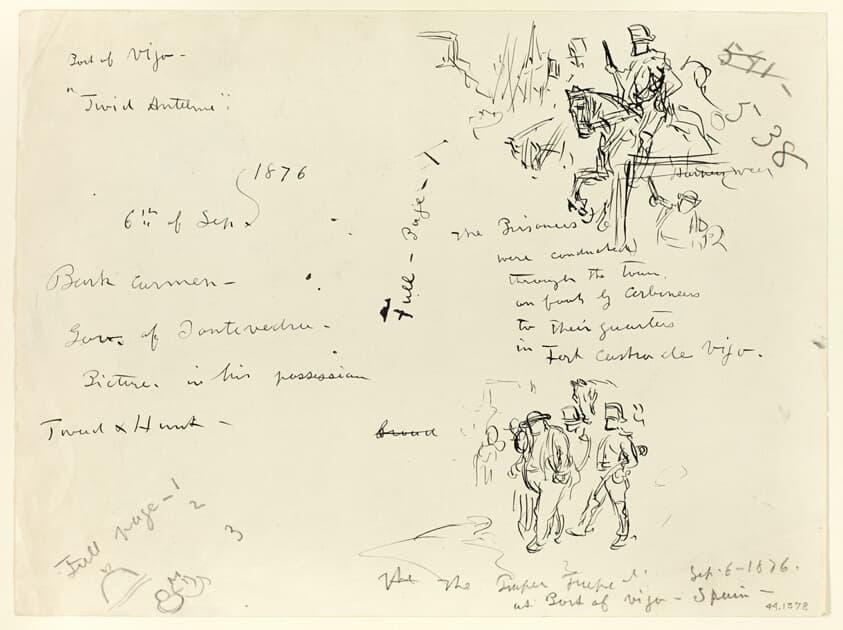 Sheet of Sketches: Soldier on Horseback and Soldier with Sabre Conduting Prisoner (recto); Sheet of Sketches (verso) — Thomas Nast