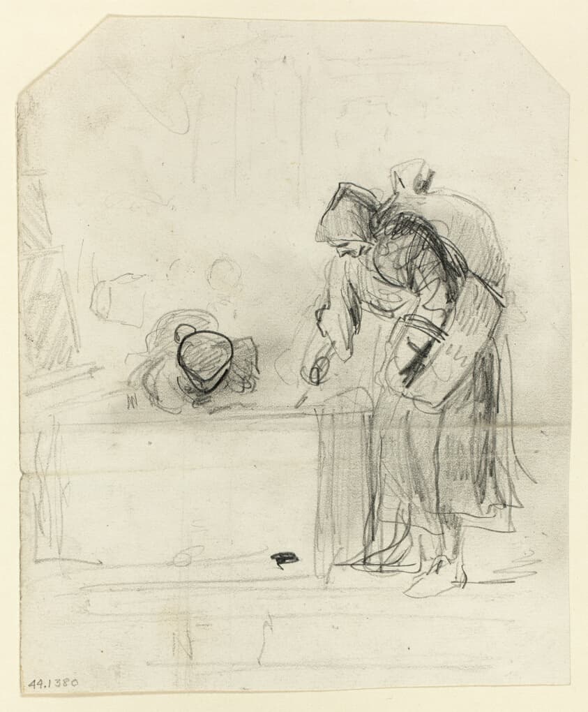 Old Woman and Boy Searching Rubbish Box (recto); Interior with Windows (verso) — Thomas Nast