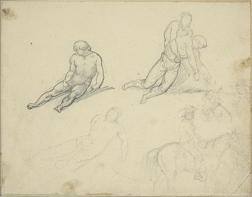Sketches: Reclining Nude, Man Supporting the Body of — Jean Louis André Théodore Géricault