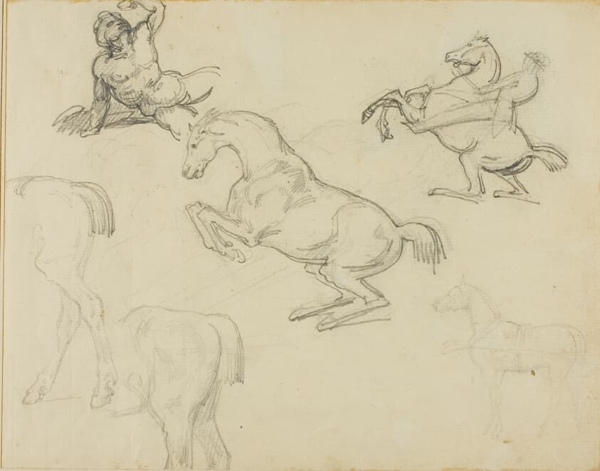 Sketches: Reclining Nude, a Horseman and Various Horses — Jean Louis André Théodore Géricault