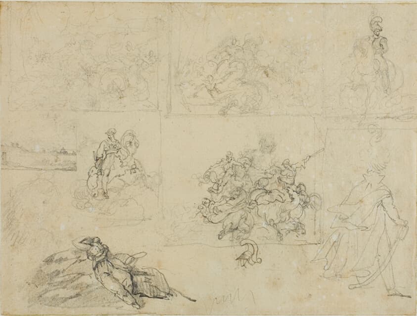 Sketches of A Cavalry Battle, Soldiers, and a Landscape — Jean Louis André Théodore Géricault