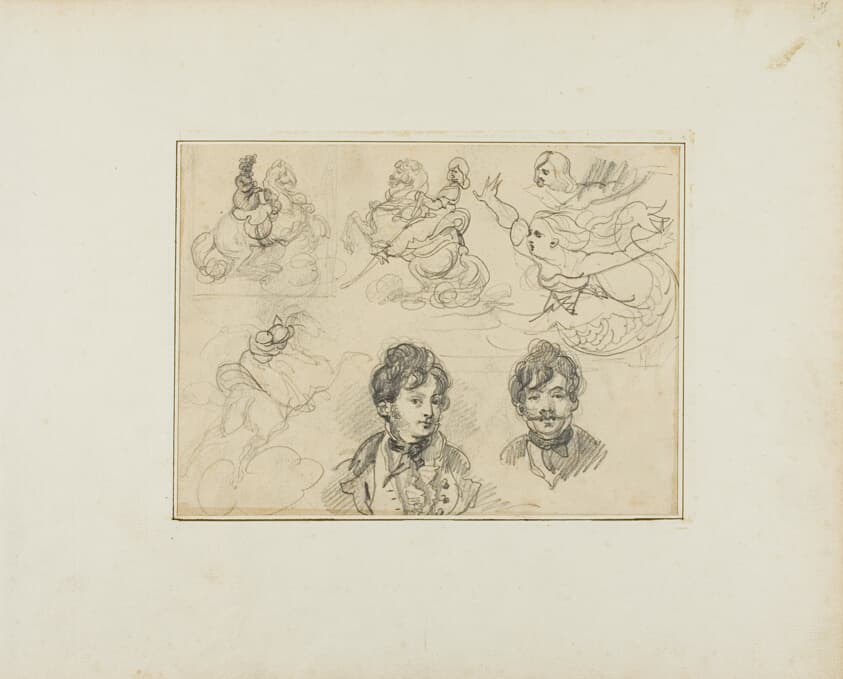 Sheet of Sketches: Riders, Mermaids and Two Portraits of Young Men — Jean Louis André Théodore Géricault