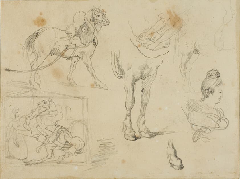 Studies of a Draught Horse, a Blacksmith and a Young Woman — Jean Louis André Théodore Géricault
