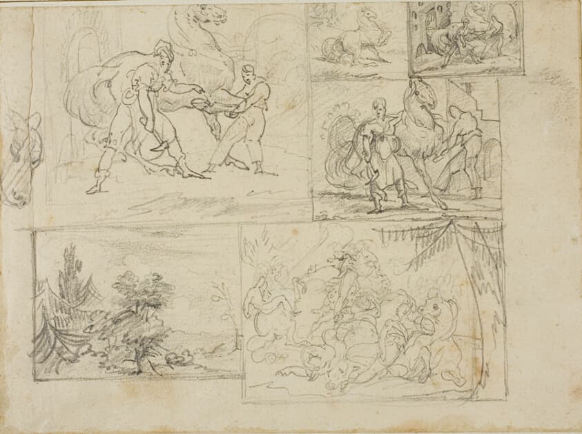 Three Studies with Sketches of a Wooded Landscape and a Cavalry Battle — Jean Louis André Théodore Géricault