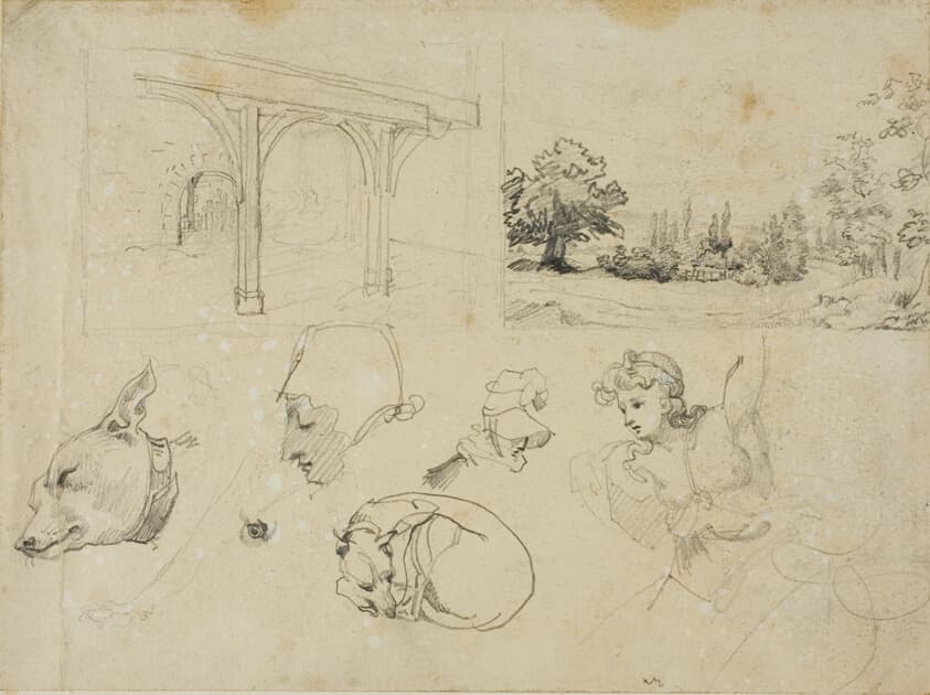 Sketches of A Shed, A Landscape, Dogs and Various Figures — Jean Louis André Théodore Géricault