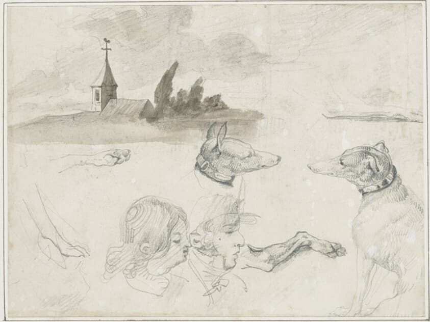 Sheet of Sketches: Greyhounds; A Male and a Female Head in — Jean Louis André Théodore Géricault