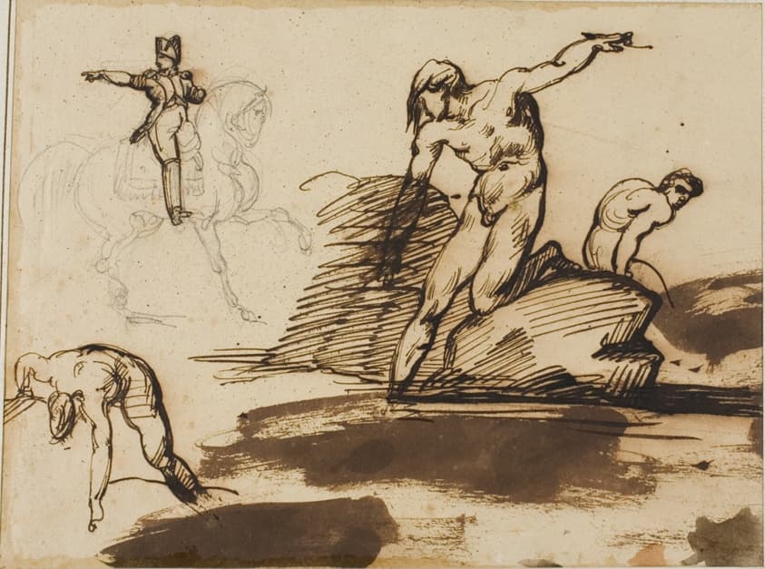 Study of Napoleon on Horseback with Sketches of Nudes Among Rocks — Jean Louis André Théodore Géricault