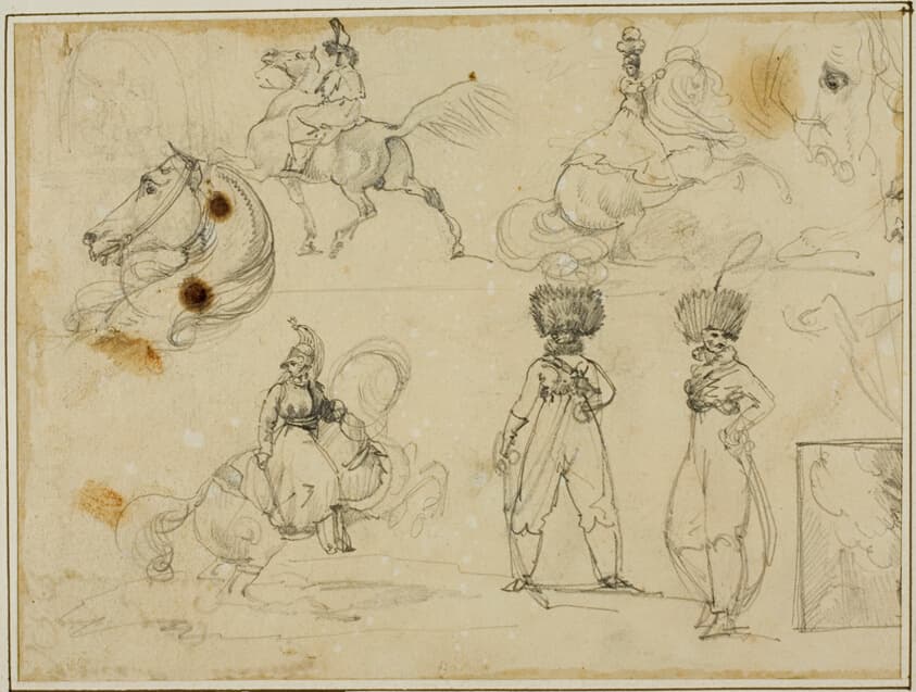 Sheet of Sketches: Soldiers, Horses and a Landscape — Jean Louis André Théodore Géricault