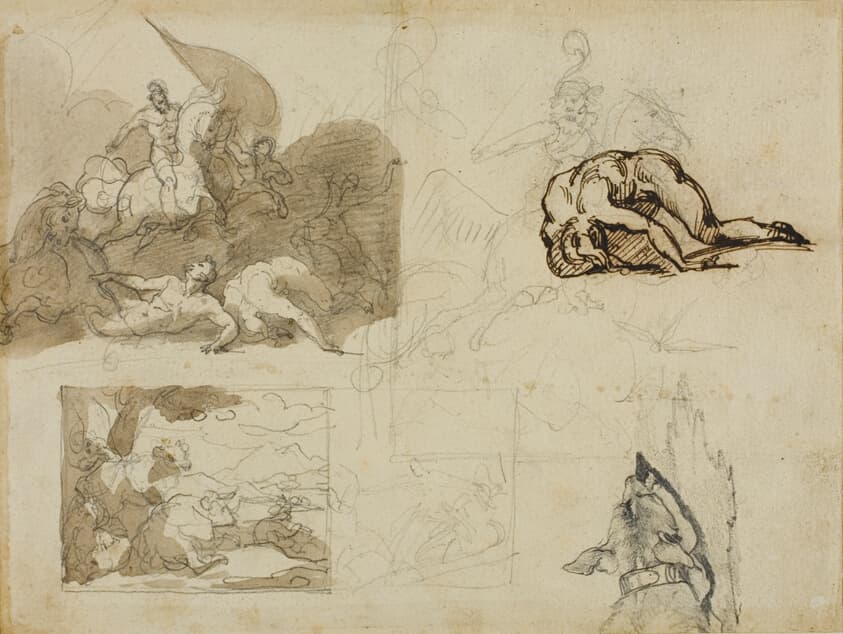 Sketches of a Cavalry Battle, A Landscape with Cows, and Other Compositions — Jean Louis André Théodore Géricault