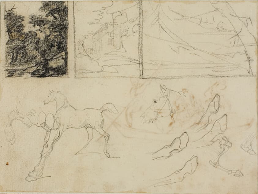 Sheet of Sketches: three Landscapes, Horses, and Hooves — Jean Louis André Théodore Géricault