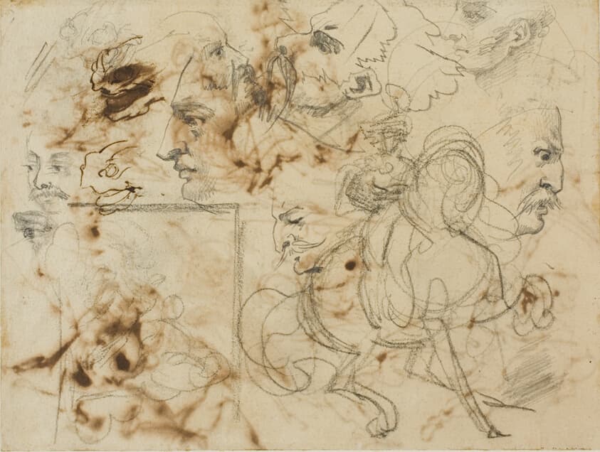 Sketches of Men's Faces, Horses' Muzzles, and Mounted Soldiers — Jean Louis André Théodore Géricault