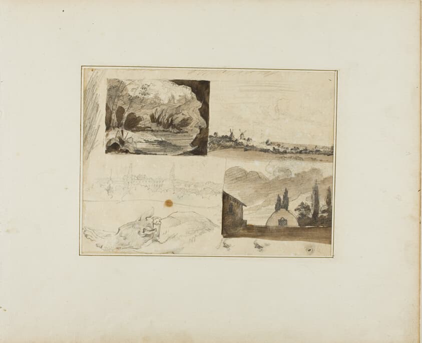 Sheet of Sketches: Four Landscapes and a Greyhound — Jean Louis André Théodore Géricault