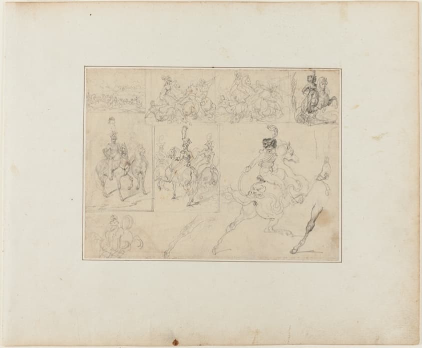 Sheet of Sketches: Cavalry Battles and Mounted Soldiers — Jean Louis André Théodore Géricault