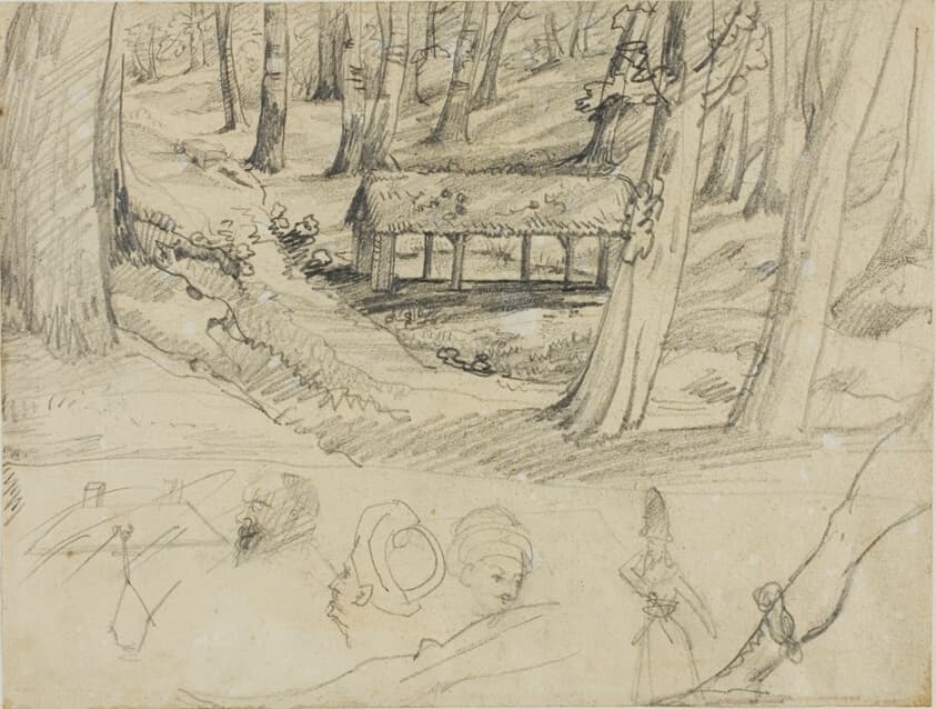 Forest Interior with Thatched Hut, and Other Sketches — Jean Louis André Théodore Géricault