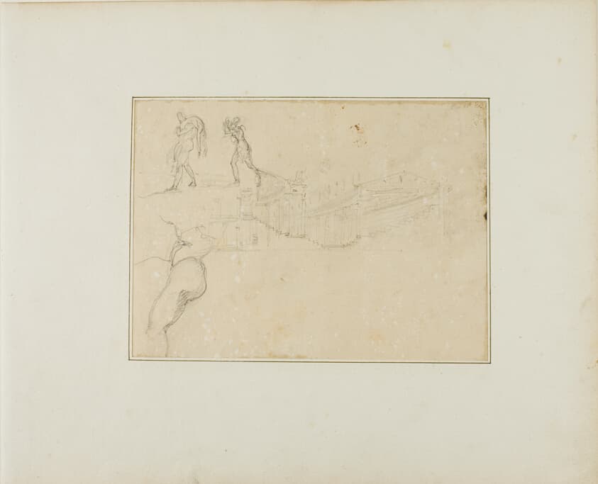 Cross-Section of a Pillared Hall and Three Figure Sketches — Jean Louis André Théodore Géricault