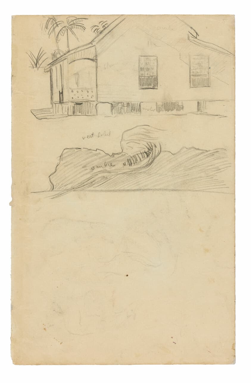 Sketches of Tahitian Residence with Color Notations and Dogs — Paul Gauguin