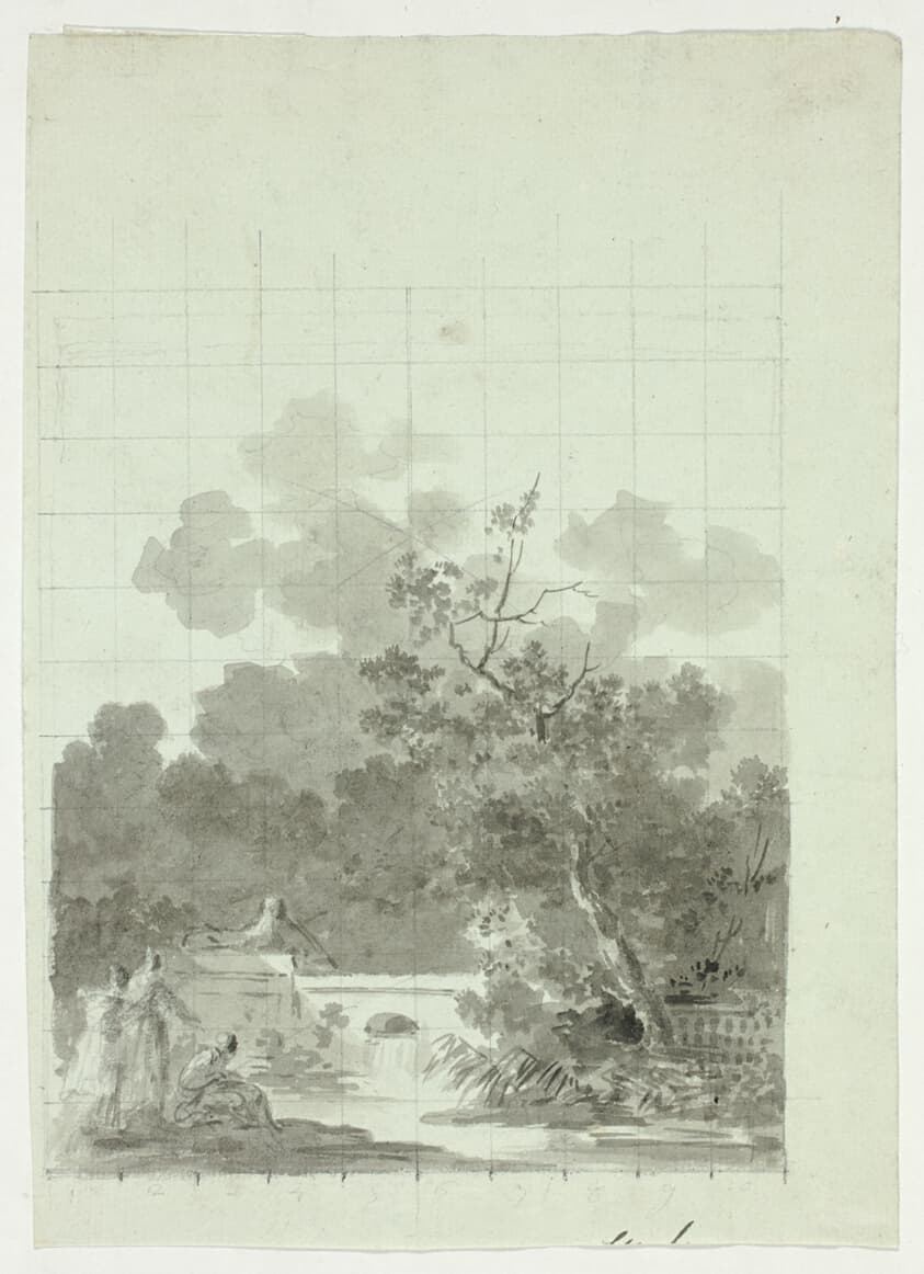 View of the Park at Versailles: Fishing in Pond Near Grove of Trees — Pierre Antoine Mongin
