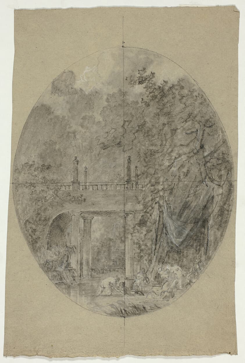 View of the Park at Versailles: Women Bathing Beneath a Bridge — Pierre Antoine Mongin