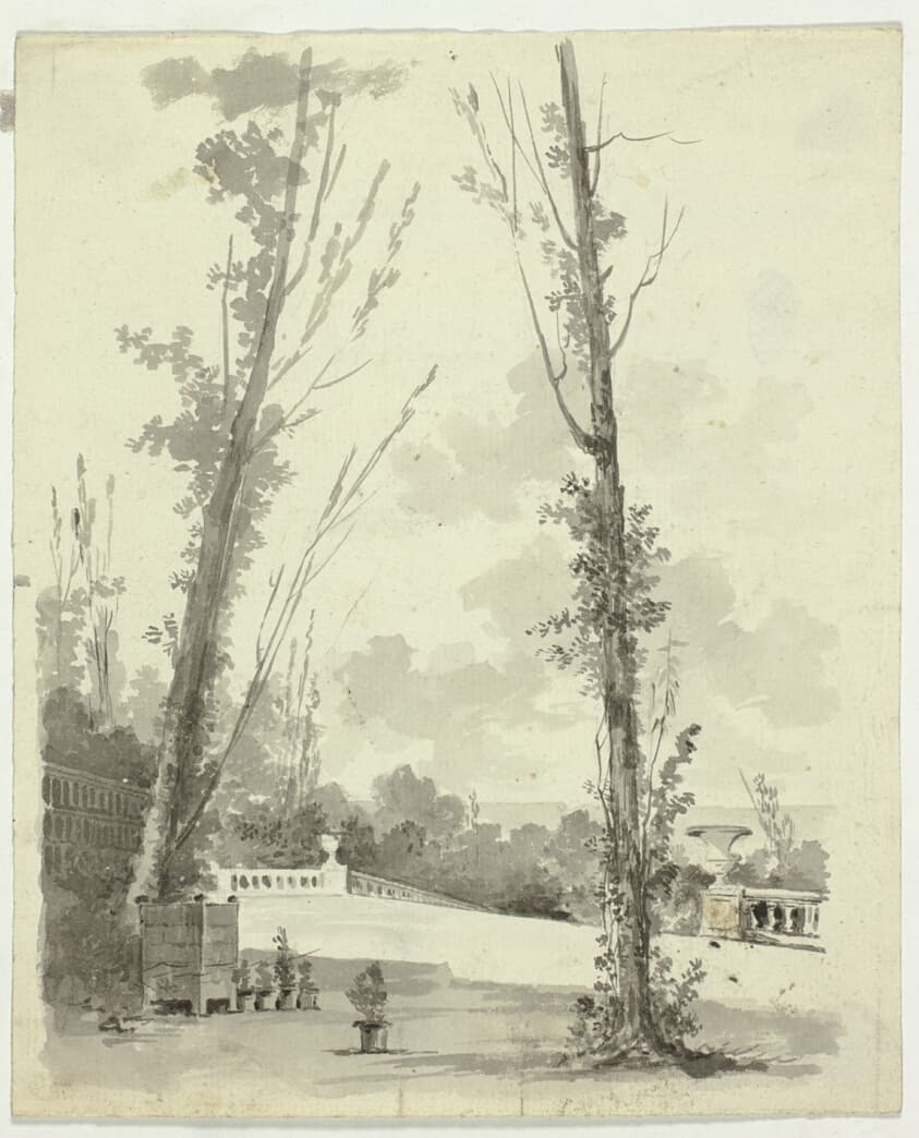 View of the Park at Versailles: Two Poplar Trees with Balustraded Walk in Background — Pierre Antoine Mongin