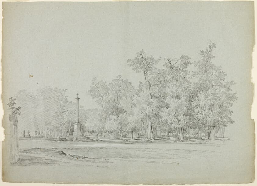 View of the Park st Versailles: Landscape with Memorial Column and Grove of Trees — Pierre Antoine Mongin