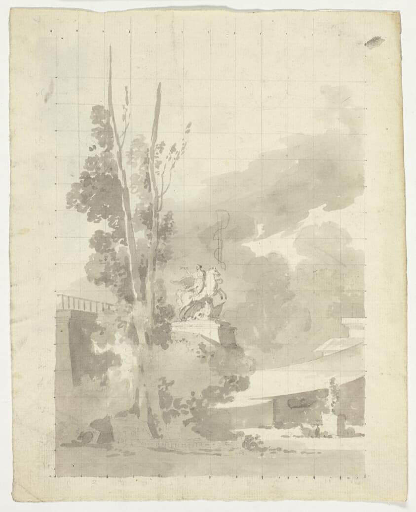 View of the Park at Versailles: Terrace, Trees and Equestrian Statue — Pierre Antoine Mongin