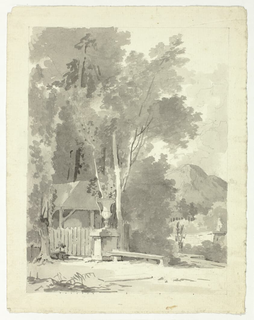 Classical Urn in Front of a Shed, with Temple and Mountain in Background — Pierre Antoine Mongin