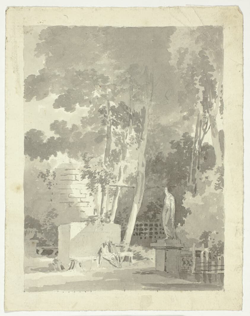 View of the Park at Versailles: Two Figures on a Bench in a Clearing, Female Statue Nearby — Pierre Antoine Mongin