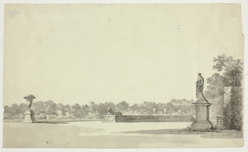 View of the Park at Versailles: Terrace with Urn, Sphinx and Female Statue — Pierre Antoine Mongin