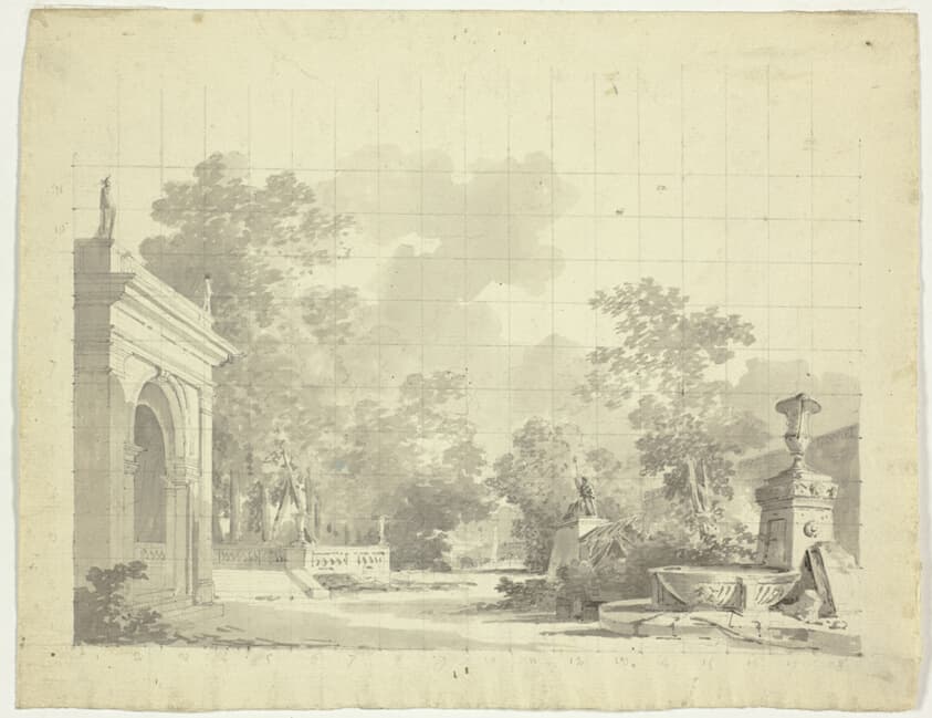 View of the Park at Versailles: Arched Entry to a Terrace, Urns and Ruined Statuary — Pierre Antoine Mongin