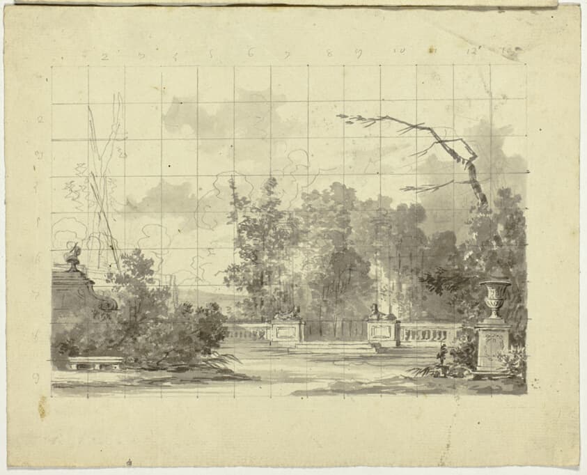 View of the Park at Versailles: Balustrade with Two Sphinxes Urn — Pierre Antoine Mongin