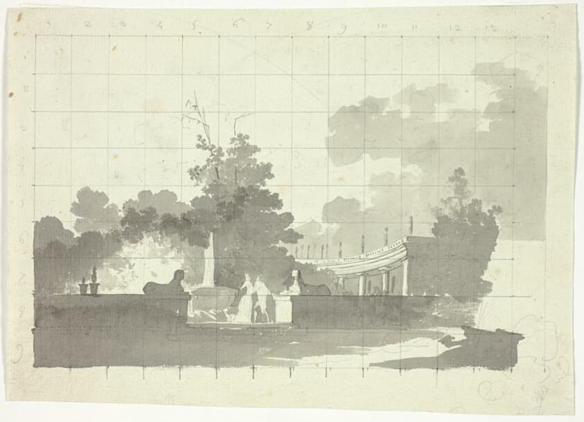 View of the Park at Versailles: Two Sphinxes and a Couple Near a Collonade — Pierre Antoine Mongin