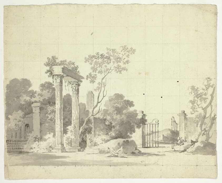 View of the Park at Versailles: Ruined Columns and an Open Iron Gate — Pierre Antoine Mongin