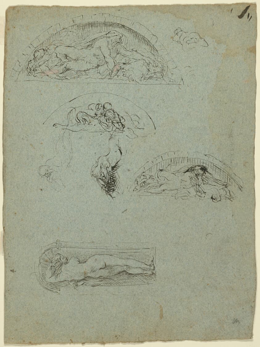 Standing Figure in a Niche and Studies for the Ugolino Group (recto); Red-Robed Prelate in a Crowd (verso) — Jean Baptiste Carpeaux