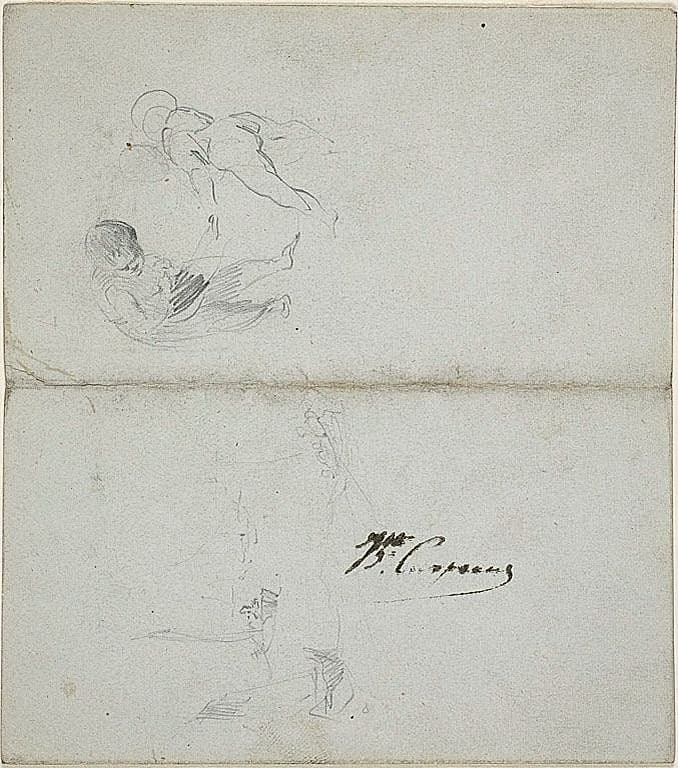 Sketches of Two Children, Boats at Sea (recto); Sketches of Striding Male Figure Holding Staff and Coastal Scene (verso) — Jean Baptiste Carpeaux