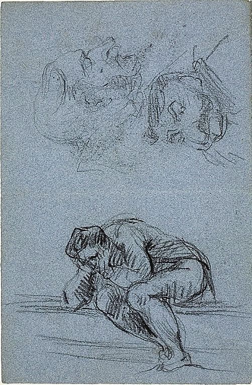 Seated Figure with Head in Hands and Two Caricatures (recto); Four Figures in a Lunette (verso) — Jean Baptiste Carpeaux
