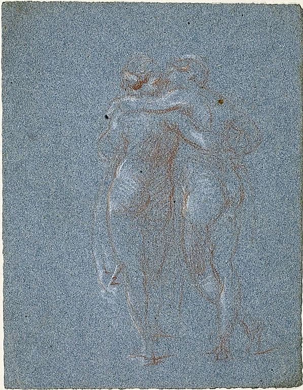 Two Standing Figures, Embracing (recto); Man with Scythe and Sketches of Buildings (verso) — Jean Baptiste Carpeaux